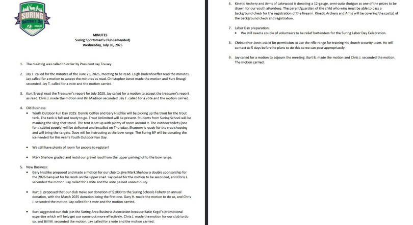 Amended minutes of the July 30, 2025 Suring Sportsman's Club meeting