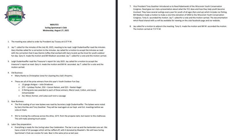 Suring Sportsman's Club minutes of August 28, 2025