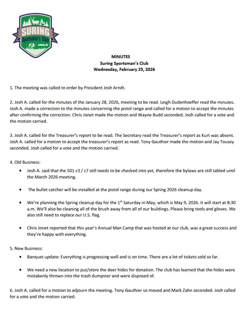February 2026 Suring Sportsman's Club meeting minutes