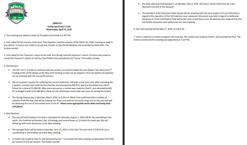 Suring Sportsman's Club minutes of the April 29, 2026 meeting