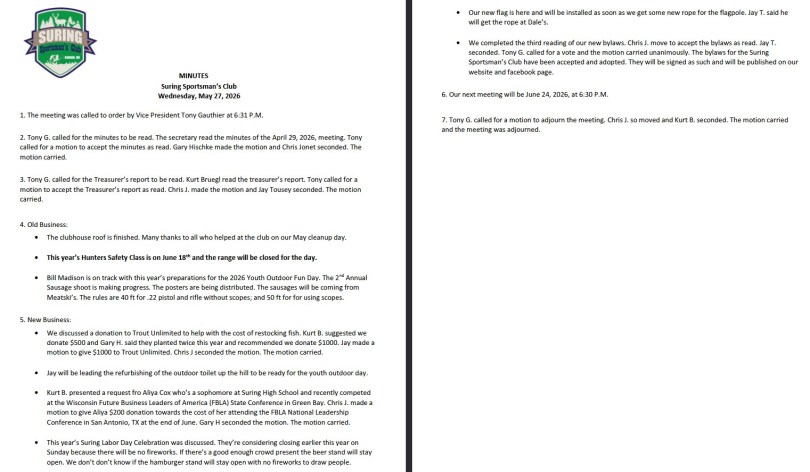 The minutes of the May 27, 2026 meeting of the Suring Sportsman's Club