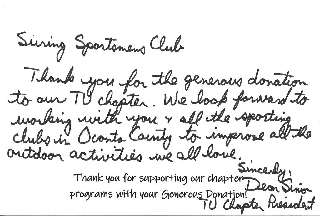 Thank you note from Trout Unlimited for the donation to their chapter