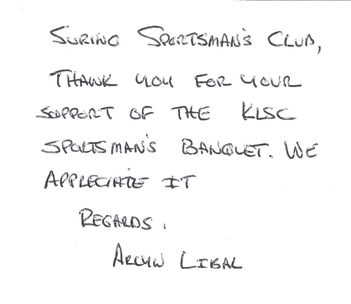 Thank you card from the Kelly Lake Sportsman's Club Banquet