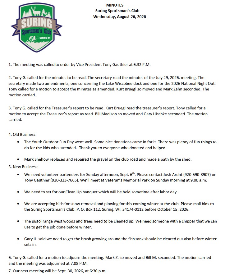 August 2026 Suring Sportsman's Club meeting minutes