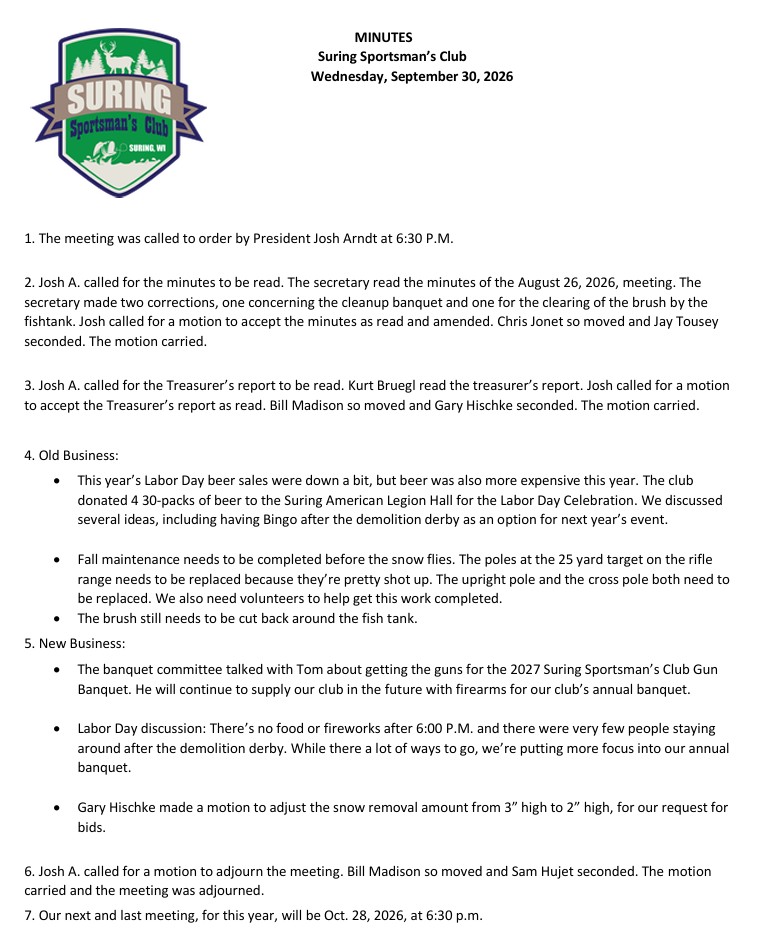 September 30th Minutes of the Suring Sportsman's Club